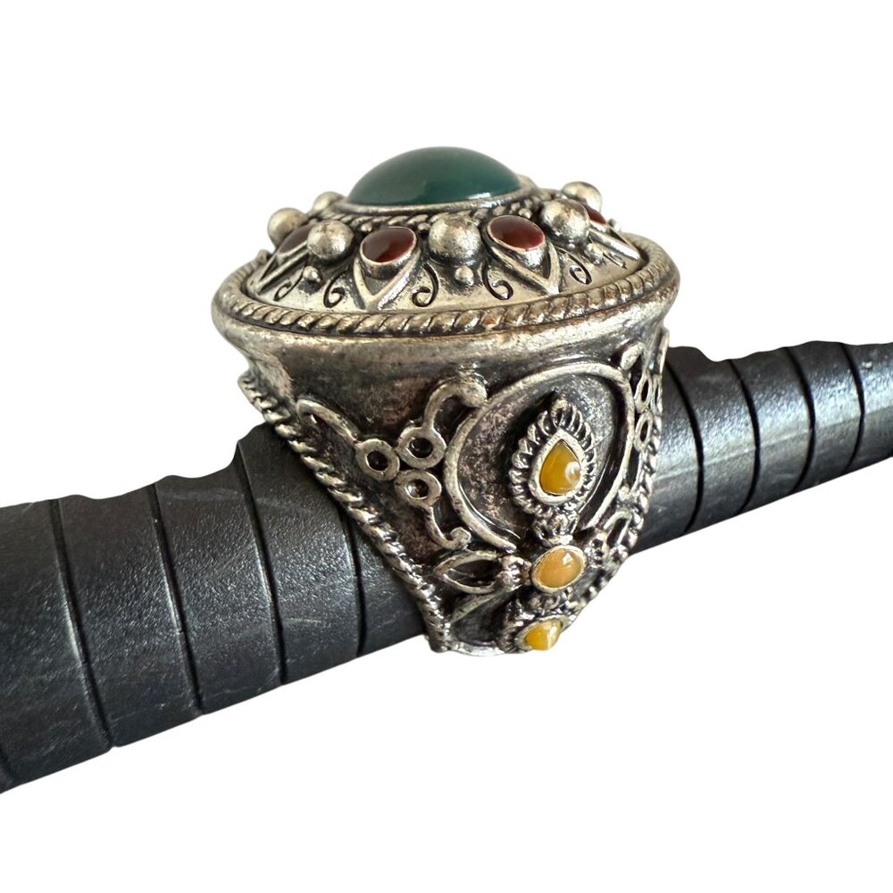 Lucky Brand Statement Ring Size 7 Silver Tone Faux Stones Intricate Design - Picture 7 of 13